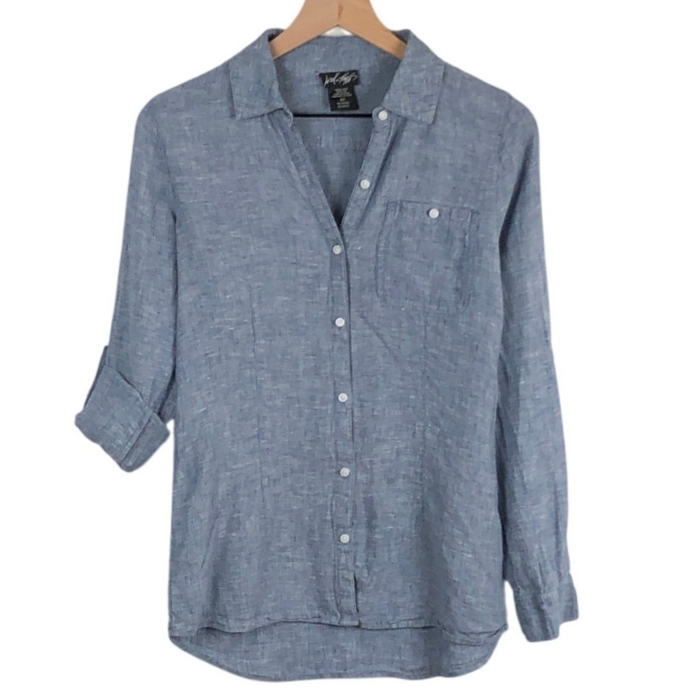 LORD & TAYLOR 100% Linen Button Up Roll Tab Sleeve Shirt Women's S Blue